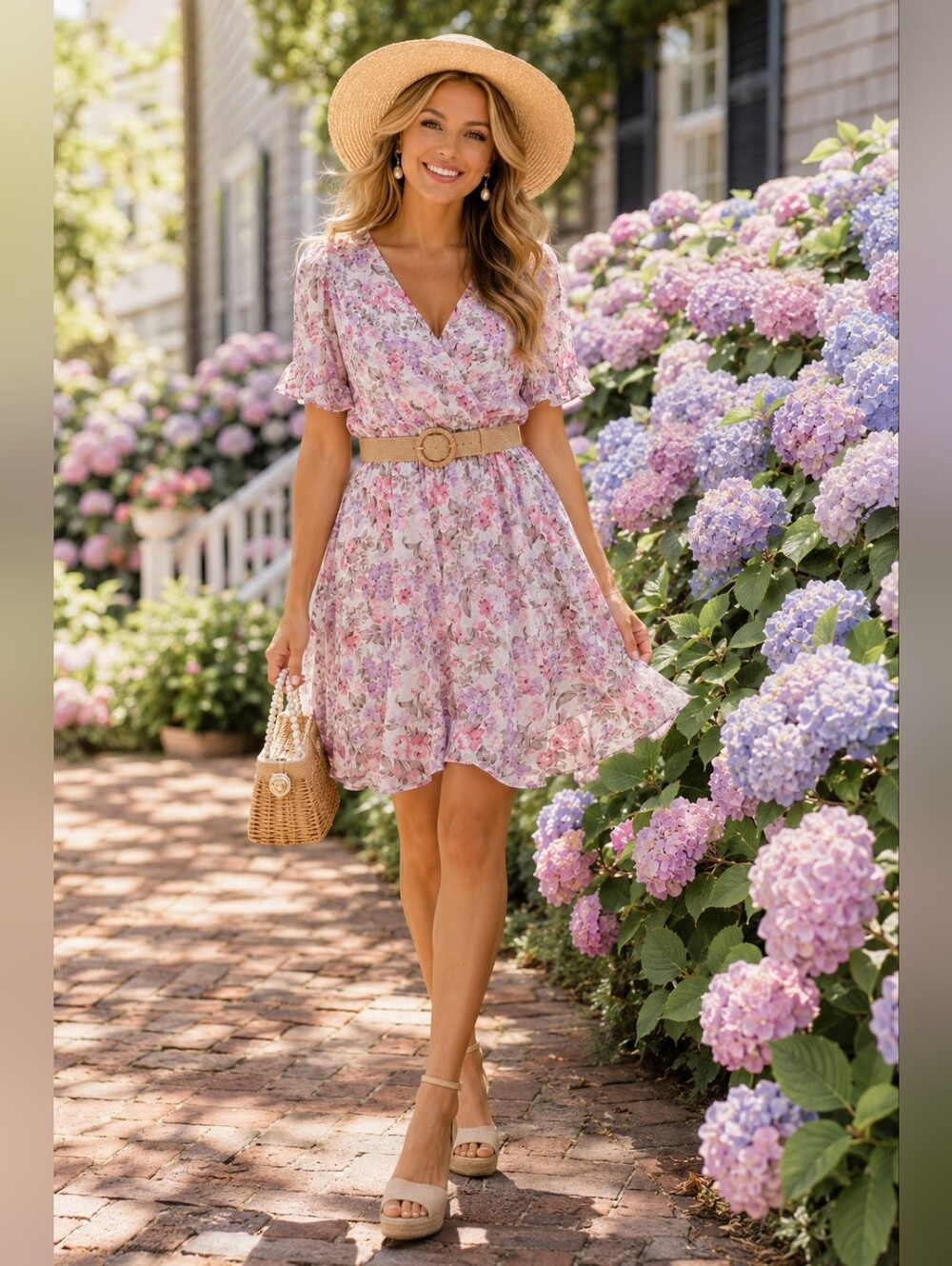 Pastel Floral Wrap Dress Romantic Feminine Ruffle Sleeve Garden Party Dress L - Picture 2 of 14